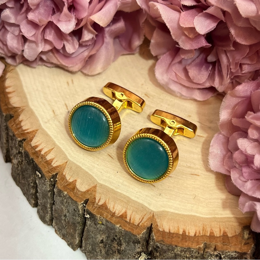 Elegant Round Caribbean Blue Aquamarine Cufflinks - Picture 7 of 16